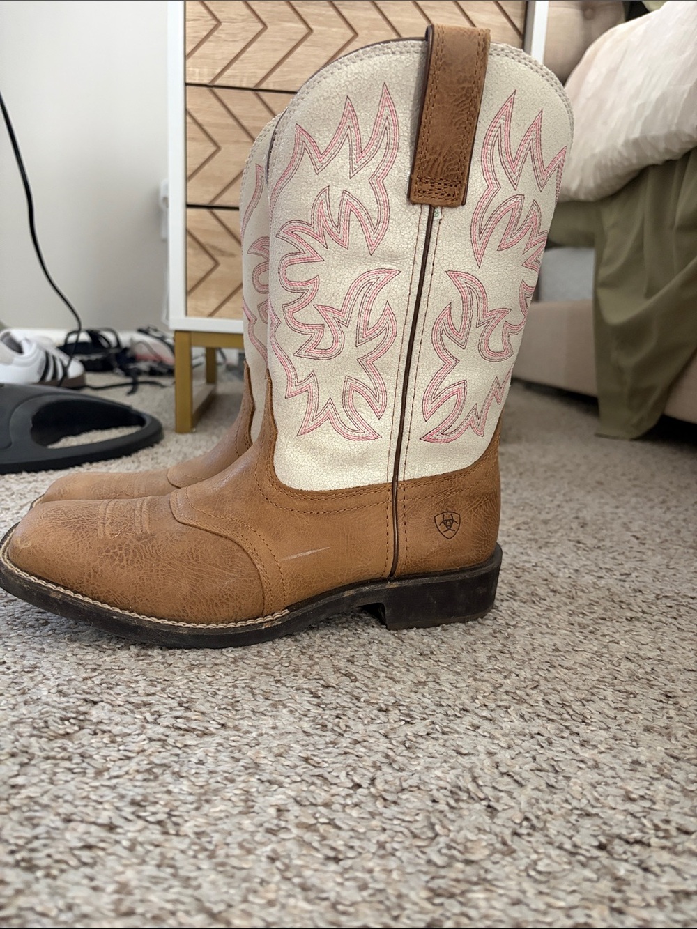 Ariat Tan Leather Western Boots with White Shaft and Pink Embroidery